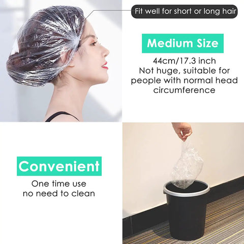 Beefy Thick Clear Disposable Shower Caps 30 Pack For Women 17.3 Inch Waterproof Hair Caps in use and being discarded.