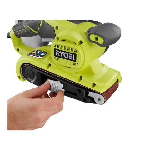User adjusting Portable Corded Belt Sander With 6 Amp Power, 320 Feet Per Minute Speed, 3 By 18 Inch Belt, Removable Dust Bag