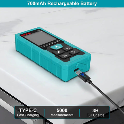 Green Laser Distance Meter With 328 Feet Range, USB Type C Rechargeable Battery, Ultra Accurate To One Sixteenth Inch, Electronic Level, Ten Measurement Modes, Class II Laser, Reflector Plate LD100 with USB-C cable connected