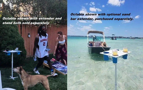 Portable Beach Table With Two Phone Slots, Lightweight Yet Sturdy And Durable, seen at beach with attached sand spike and tray