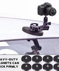 Heavy Duty Neodymium Round Magnets Featuring An Insanely Strong Rubber Coated Base And Quarter Inch Twenty Threaded Stud For Rock Solid Action Camera And Led Light Mounting In A 24 Piece Pack mounted on car roof with camera setup.