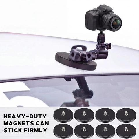 Heavy Duty Neodymium Round Magnets Featuring An Insanely Strong Rubber Coated Base And Quarter Inch Twenty Threaded Stud For Rock Solid Action Camera And Led Light Mounting In A 24 Piece Pack mounted on car roof with camera setup.