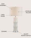 26.5 Inch White Ceramic Table Lamp With Linen Drum Shade And Bamboo Design For Living Room Or Bedroom Nightstand Modern Bedside Light With LED Included ETL Listed Stylish Home Decor