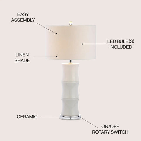26.5 Inch White Ceramic Table Lamp With Linen Drum Shade And Bamboo Design For Living Room Or Bedroom Nightstand Modern Bedside Light With LED Included ETL Listed Stylish Home Decor