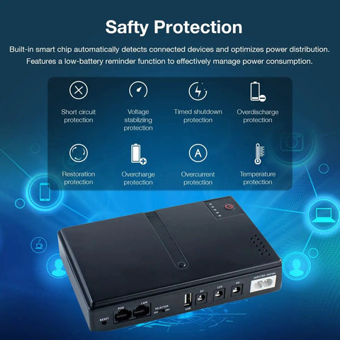 Compact DC UPS Uninterruptible Power Supply For Router Modem IP Camera And POE Devices with multiple ports and safety features