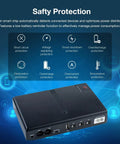 DC UPS Battery Backup Uninterruptible Power Supply With 18W Output shown with safety protection features
