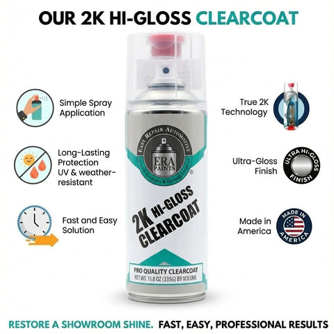 Front view of ERA Paints 2K Hi-Gloss Clear Coat spray can with turquoise label