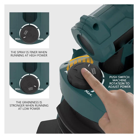 Professional Grade Electric Paint Sprayer Featuring Heavy Duty Aluminum Construction Adjustable Spray Pattern and Rock Smooth Coverage for Walls Wood and Automotive Finishing No Fuss Setup Hella Reliable Kickin Power Delivery showing power adjustment dial.