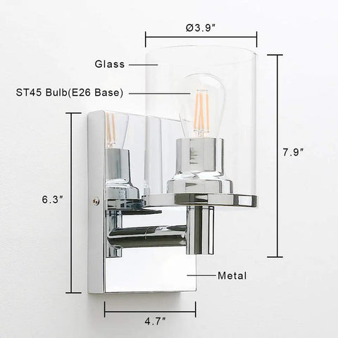 Super Cool Vintage Style One Light Wall Sconce With Clear Glass Shade And Metal Base In Chrome dimensions labeled on white wall