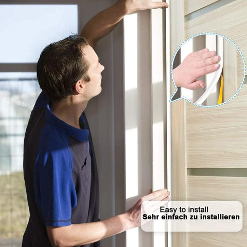 Man installing Weather Stripping Seal Tape For Doors And Windows Frames Self Adhesive D Type Foam Sealing Strip 32.8 Ft White