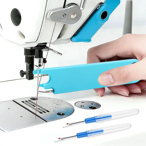 Using 3 In 1 Needle Threader With Magnifier For Sewing, Quick Threading Tool With Magnetic Mount And Integrated Ruler near a sewing machine.