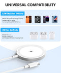 3 Pack Magnetic Wireless Chargers Set Qi2 Fast Charging Pads For IPhone 17 16 15 14 13 12 Pro Max Galaxy S26 S25 Pixel 10 AirPods Slim Portable For Desk Bedside Travel White shown with phone and AirPods compatibility
