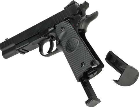 Duty One Non-Blowback CO2 4.5mm BB Pistol, black, metal top, polymer frame, STI trademarks visible, tactical rail featured