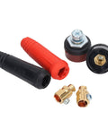 Heavy Duty Welding Cable Panel Connector Kit 12 Piece Set With Socket Plugs and Adapters, black and red connectors close-up.