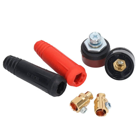 Heavy Duty Welding Cable Panel Connector Kit 12 Piece Set With Socket Plugs and Adapters, black and red connectors close-up.