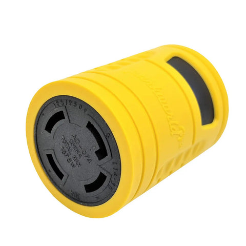 Heavy Duty Generator Adapter Nema 5 15P To L14 30R Twist Lock Connector in yellow, designed for emergency and portable rig use.