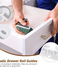 Slick White Plastic Drawer Track Guide Kit Packing 10 Pieces With Badass Durability And Hella Smooth Gliding Motion showing installation process with drill.