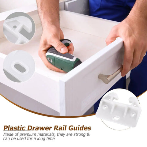 Slick White Plastic Drawer Track Guide Kit Packing 10 Pieces With Badass Durability And Hella Smooth Gliding Motion showing installation process with drill.