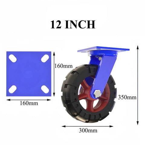 Rock Solid Heavy Duty Swivel Pneumatic Caster Wheels 12 Inch Rubber Tires Pack Of 2, with blue mounting plate and large tire design.