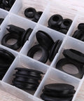 Premium Rubber Seal Ring Grommet Kit With 125 Black Grommets In Handy Plastic Storage Box For Faucets, Hoses, Electric Appliances And Fittings Elastic Heat Resistant Pollution Free Easy Replacement, black rubber grommets in plastic organizer
