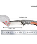 Retro Floral Engraved Folding Pocket Knife With Wood Inlay Handle And Ball Bearing Action Lightweight EDC Knife shown with measurements