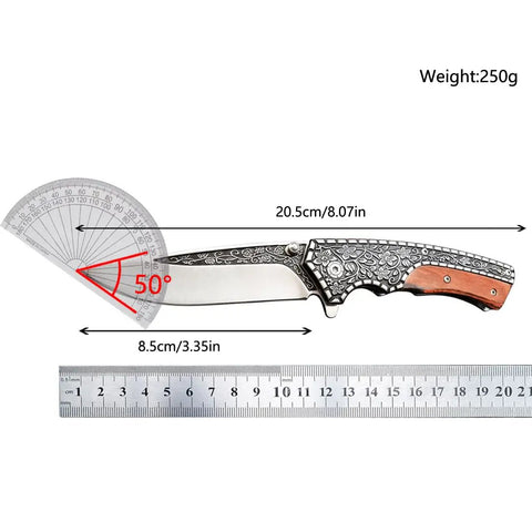 Retro Floral Engraved Folding Pocket Knife With Wood Inlay Handle And Ball Bearing Action Lightweight EDC Knife shown with measurements