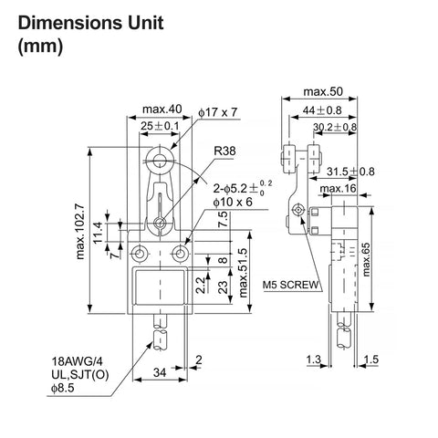 Technical drawing of Waterproof SPDT Micro Switch With Side Roller Plunger Sealed IP67 Housing 3 Meter Pre Wired Cable Momentary 5A 250VAC