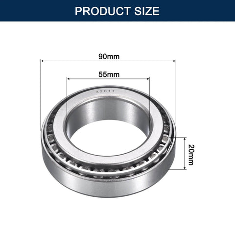 32011 Tapered Roller Bearing Cone And Cup Set Ready To Roll 55Mm Bore 90Mm OD 20Mm Cup Width Chrome Steel ABEC 3 Pre Lubricated Heavy Duty Bearings For Machinery And DIY Projects, showing product measurements.