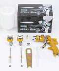 Top Shelf Pneumatic Paint Spray Gun Set Featuring High Atomization Tips with gold spray gun, accessories, and box.