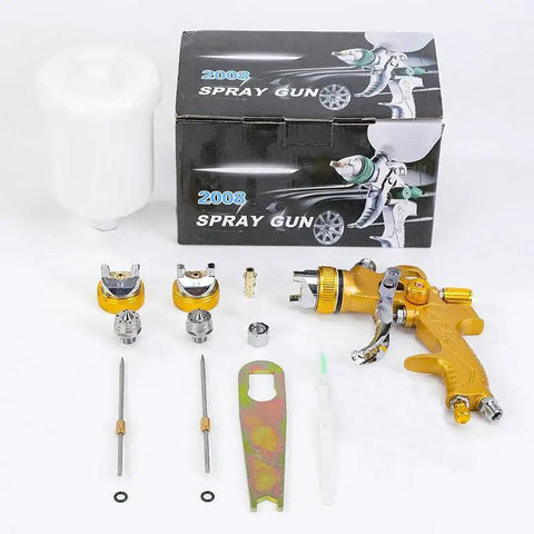 Top Shelf Pneumatic Paint Spray Gun Set Featuring High Atomization Tips with gold spray gun, accessories, and box.