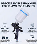 High Performance HVLP Paint Sprayer With 1.7mm Nozzle And 600ml Reusable Cup, features aluminum body and paint cup for automotive and furniture use.