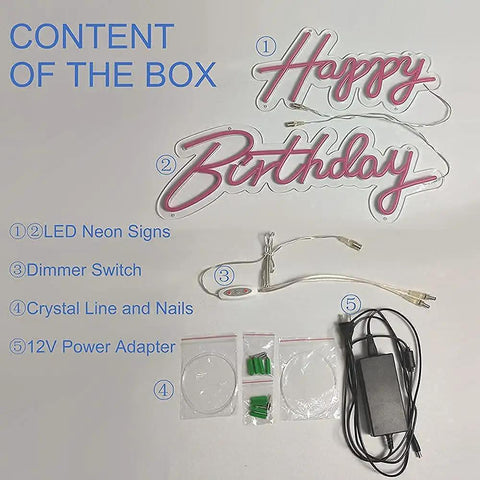 Pink Happy Birthday Neon Sign With Dimmer For Party Decoration And Bedroom Wall Decor Two Panel 16.5x8 And 23x8 Inches