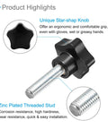 Star Clamping Knobs M12 X 50mm With 48mm Heads For Lathe Machinery Black 4 Piece Thumb Screw Hand Knobs, zinc plated stud