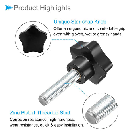 Star Clamping Knobs M12 X 50mm With 48mm Heads For Lathe Machinery Black 4 Piece Thumb Screw Hand Knobs, zinc plated stud