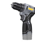 Grab And Go Cordless Electric Drill And Mini Screwdriver With Non Slip Grip And Fast Charge 16.8V Lithium Ion Battery in gray and black.