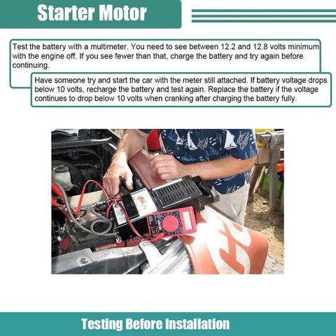Instructions for testing battery voltage before installing Starter Replacement For Optima 2012-2014 2.4L, Sorento 2011-2014