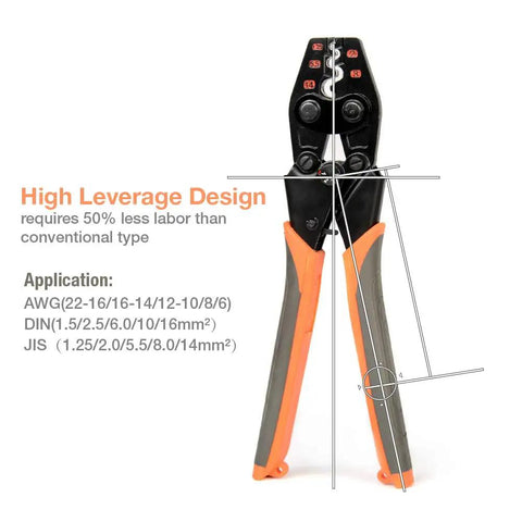 Non Insulated Terminal Crimper Tool For AWG 22 To 6 Battery Cables Ratchet Wire Crimper highlighted with leverage design