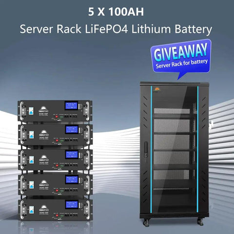 Heavy Duty Off Grid Solar Bundle Featuring Turnkey 10 Kilowatt Hybrid Inverter Paired With Twelve 550 Watt Panels And Five 51.2 Volt LifePo4 Batteries Delivering Rock Solid Home Rv Backup Juice Any Day, featuring 5 x 100AH LiFePo4 batteries in server rack.
