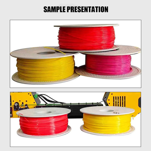 Slick Desktop 3D Printer Filament Extruder And Recycling Rig With Dead Simple Auto Coil Winder Precise Temperature Dial And Rapid 500 Gram Per Hour Output showcasing stacked spools of red, pink, and yellow filament.
