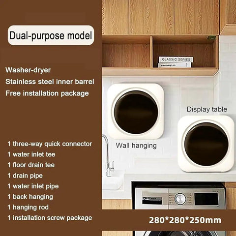 Compact Mini Washer And Dryer Combo Wall Mounted Portable Laundry Center For Small Spaces shown with installation components and dimensions.