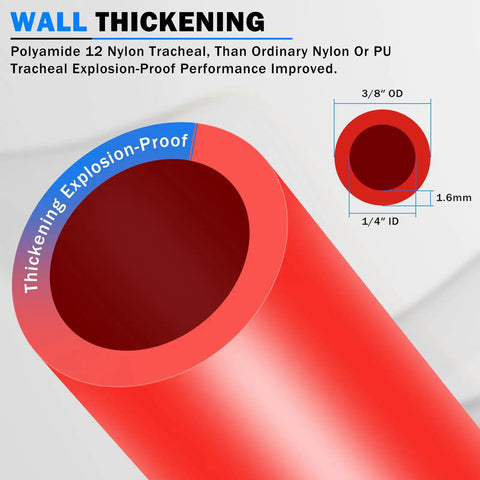 Cross-section of DOT Certified PA12 Nylon Red Air Hose showing wall thickness and dimensions for pneumatic tubing.