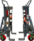 Beast Of A Heavy Duty Hydraulic Machinery And Equipment Mover with adjustable forks and PU-on-steel wheels, front view.