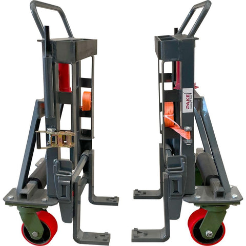 Beast Of A Heavy Duty Hydraulic Machinery And Equipment Mover with adjustable forks and PU-on-steel wheels, front view.