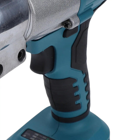 Close-up of Professional Cordless Metal Shears With 360 Degrees Rotating Head Electric Cutter handle designed for metal cutting.