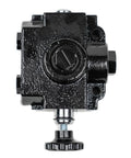 Front view of Prince SS-3A1D hydraulic selector valve, two-position 3-way, black metal body with knurled bottom knob