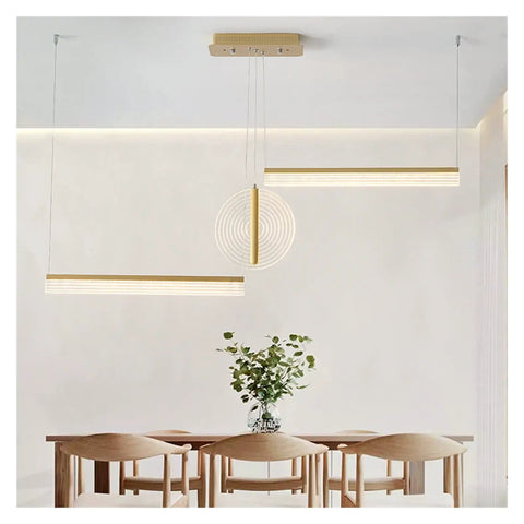 Modern Minimalist Three-Stage Creative Pendant Light Dining Table Indoor Living Room Bar Golden/Black LED Light (Colour: BlackDimmable Size: L100-W10-H150) (Goldwarmlight L100) above a wooden dining table.