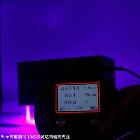 Digital display measuring UV light intensity from Badass LED UV Curing Lamp For 3D Printing And Resin Builds.