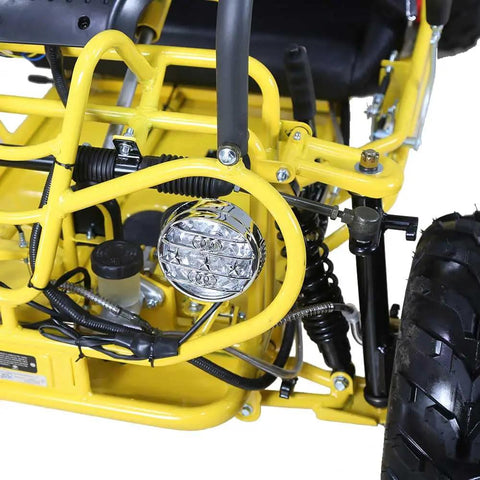 Front wheel and suspension of 125cc Kids Go Kart With Reverse LED Lights Fully Automatic Transmission Two Seater Black