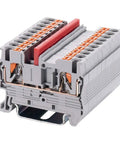 Close-up of No Fuss Push In Din Rail Terminal Block Screwless 2.5mm PT Type with cover end stop and durable PA66 housing