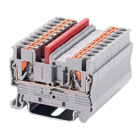 Close-up of No Fuss Push In Din Rail Terminal Block Screwless 2.5mm PT Type with cover end stop and durable PA66 housing